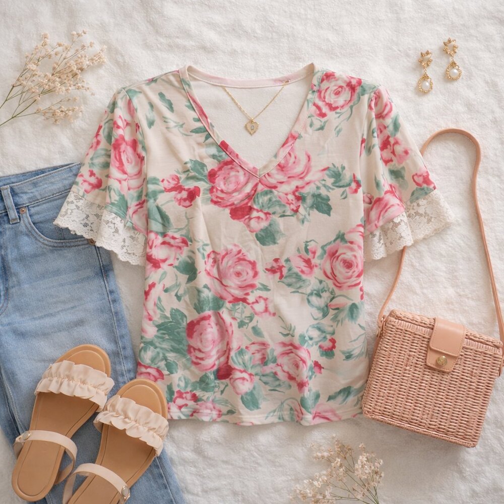 💚  SPLA Floral Blouse Lace Sleeve V-Neck Top Pink Green Women L